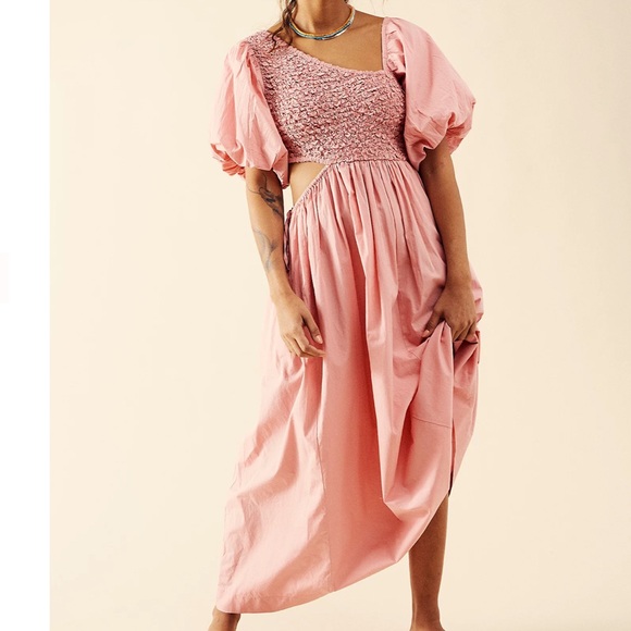 Free People Dresses & Skirts - Free People KALINA Smocked Asymmetrical Puff Sleeve Cut Out Midi Dress XS